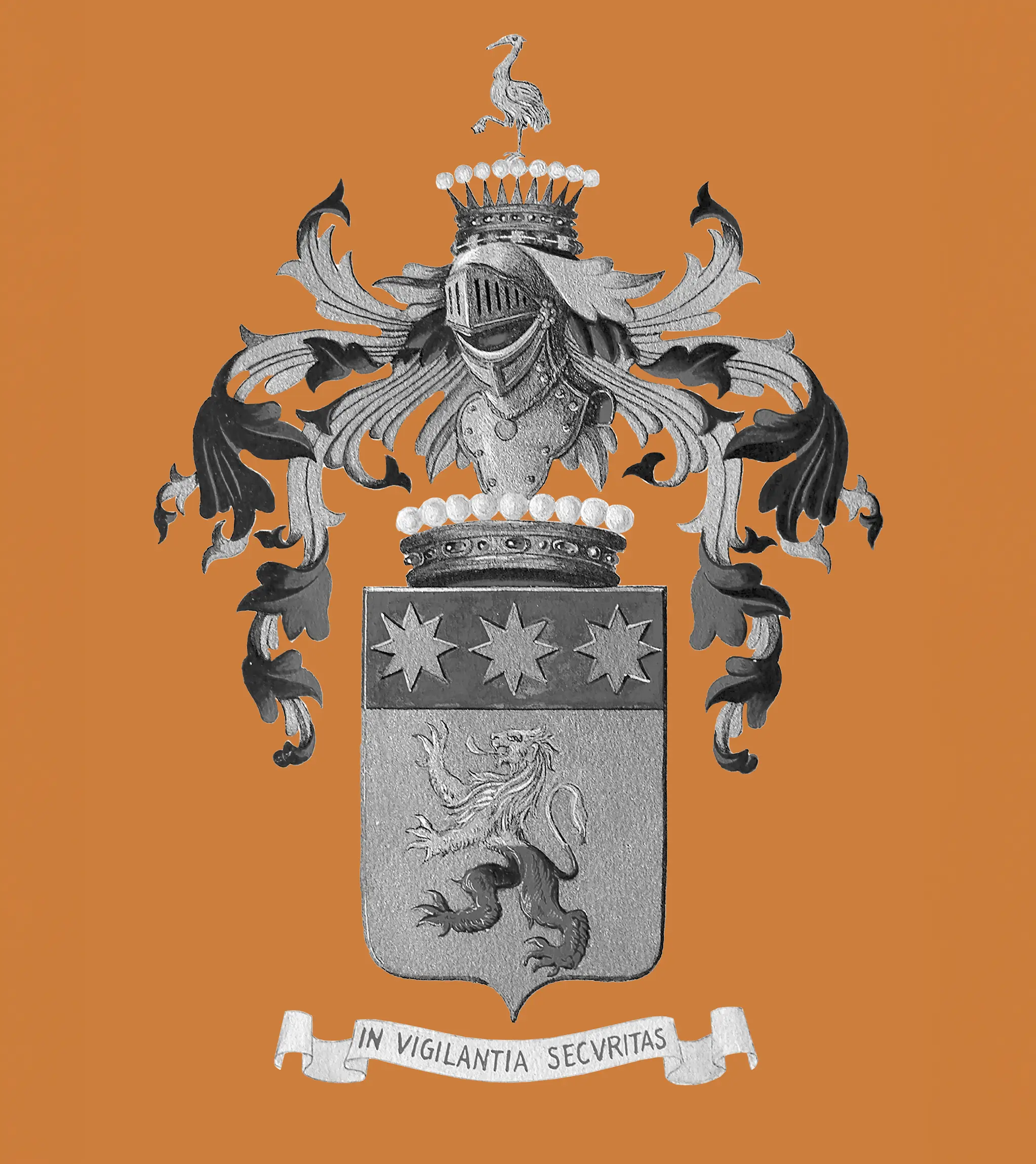 Zegna family crest: a heraldic shield with three stars above a lion, topped by a crown and a bird. A banner below reads, 'IN VIGILANTIA SECURITAS'.