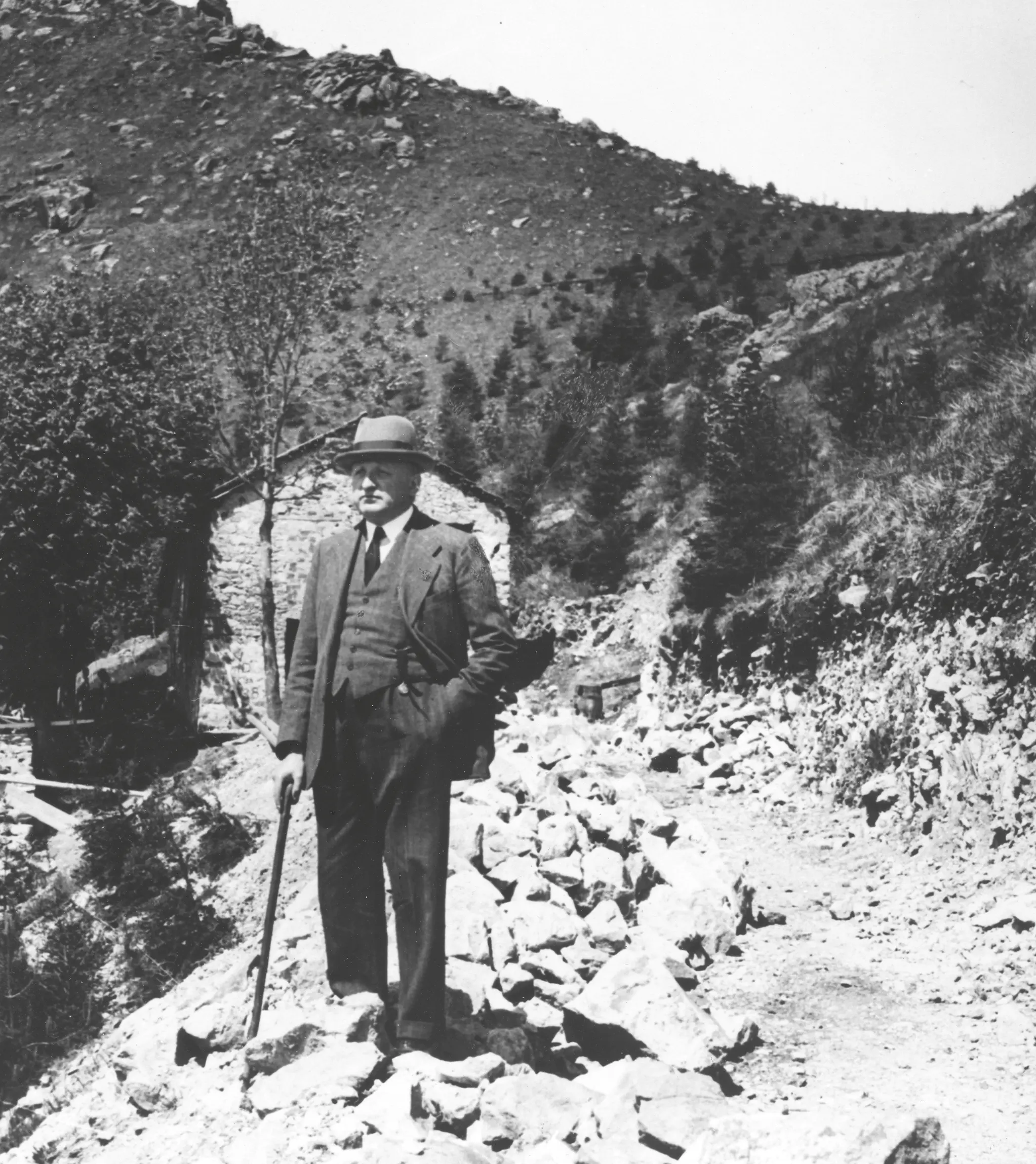 Vintage photo of Ermenegildo Zegna, founder of the ZEGNA brand, in Oasi Zegna, the natural territory in the Italian Alps.